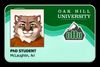 Oak Hill University student ID card labeled 'PhD Student' 'McLaughlin, Ari'. The ID photo is an illustration of a fluffy brown female cat.